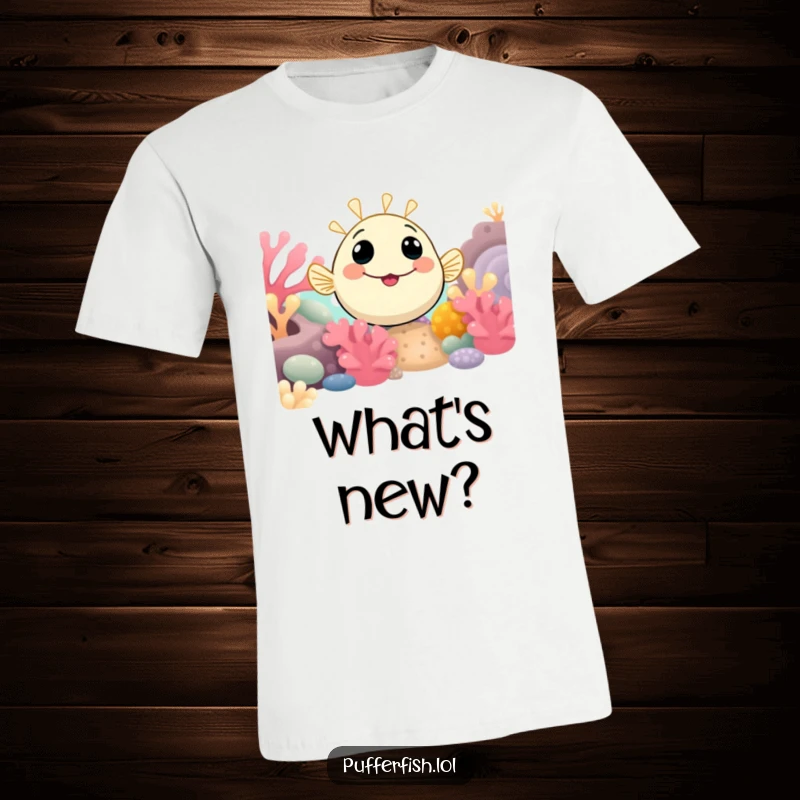 Funny Pufferfish T-Shirt with a smiling pufferfish peeking inquisitively from a colorful coral reef, sparking wonder and amusement.