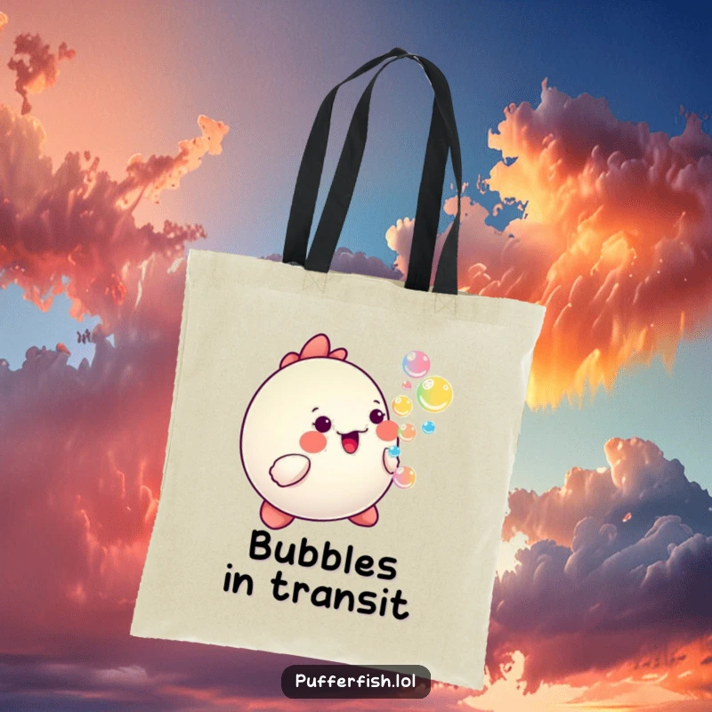 Funny Kawaii pufferfish blowing a stream of colorful, happy bubbles, printed on a spacious tote bag.