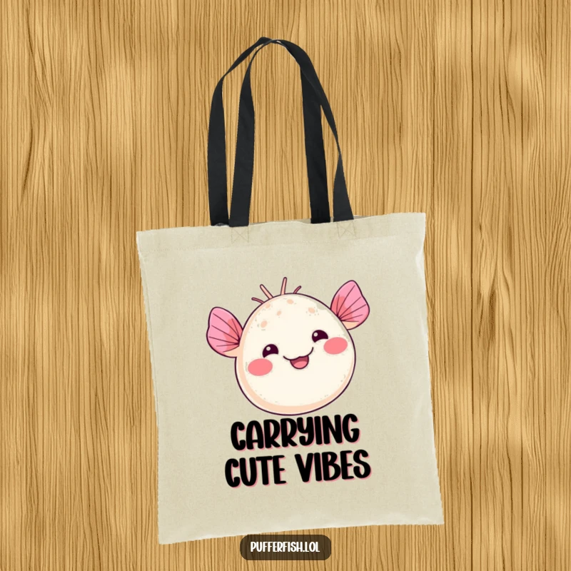Funny kawaii pufferfish tote bag, happily waving fins with a silly smile, ready to carry your essentials with charm, funny gift.