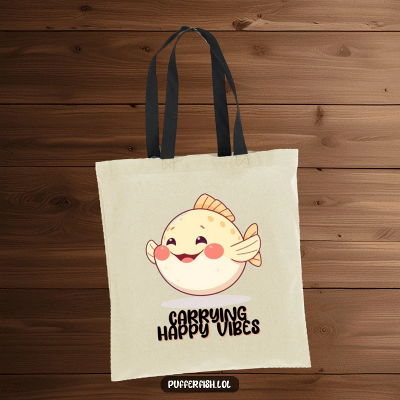 Funny pufferfish tote bag wiggling fins with a big happy grin, a spacious and humorous carry-all.