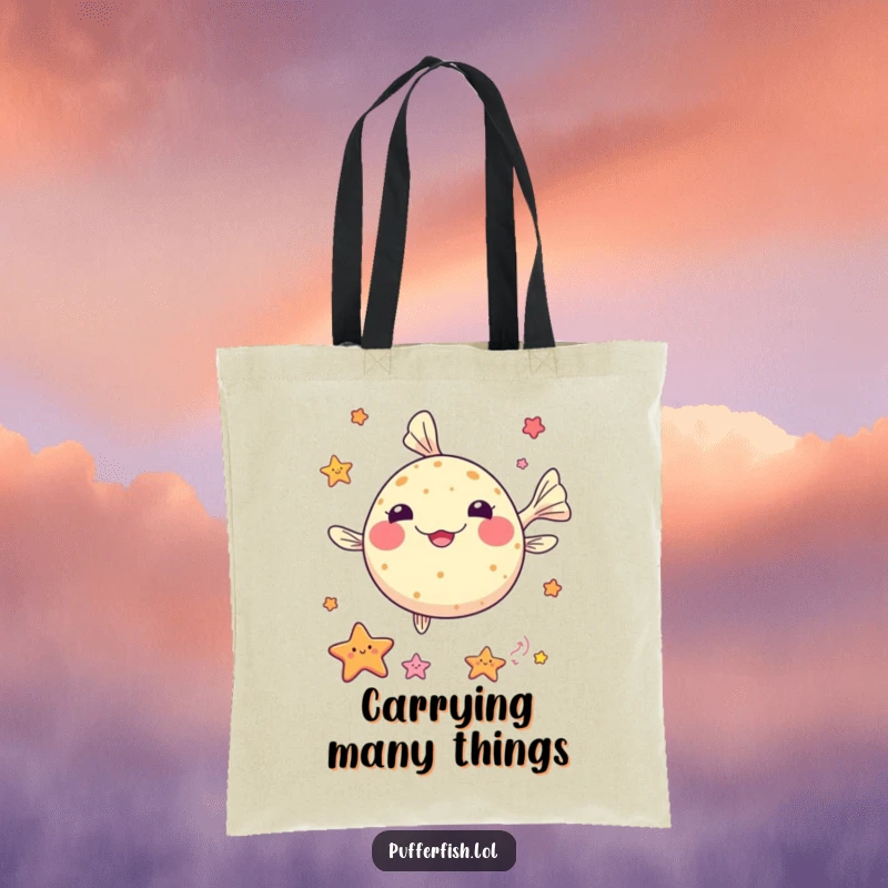 Funny kawaii pufferfish tote bag, juggling small colorful sea stars, perfect for carrying goodies with ocean flair.