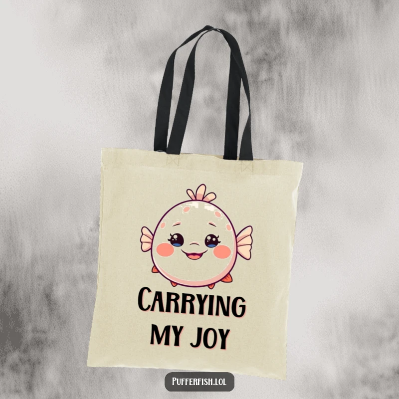 Funny Dizzy Pufferfish Tote Bag: A reusable tote bag showcasing a goofy, slightly dizzy pufferfish with a huge, playful smile, perfect for carrying items.