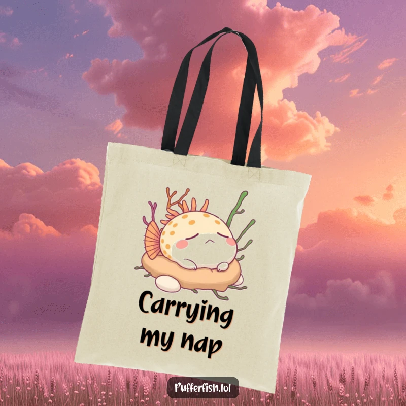 Funny Pufferfish Tote Bag: A content pufferfish enjoys a peaceful nap on soft seaweed, bringing calm humor to your day.
