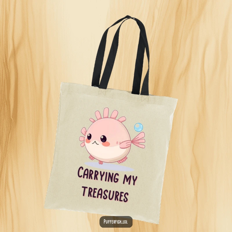 Funny Pufferfish Tote Bag: A cute pufferfish enthusiastically chases a tiny glimmering bubble through the serene blue ocean waters.