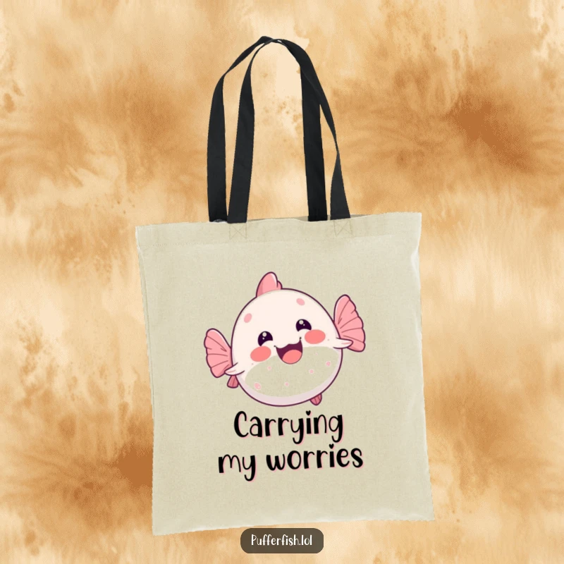Funny kawaii pufferfish hilariously doing a wobbly swim on its back, a cute and humorous tote bag for daily use.
