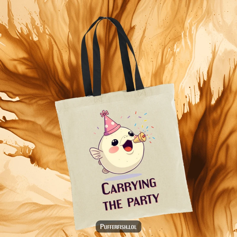 Funny tote bag showing an excited pufferfish in a party hat, celebrating life with a blast of confetti from a popper.