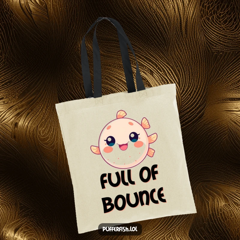 Funny tote bag with a round pufferfish character bouncing like a ball, ideal for carrying items with a playful and energetic theme.