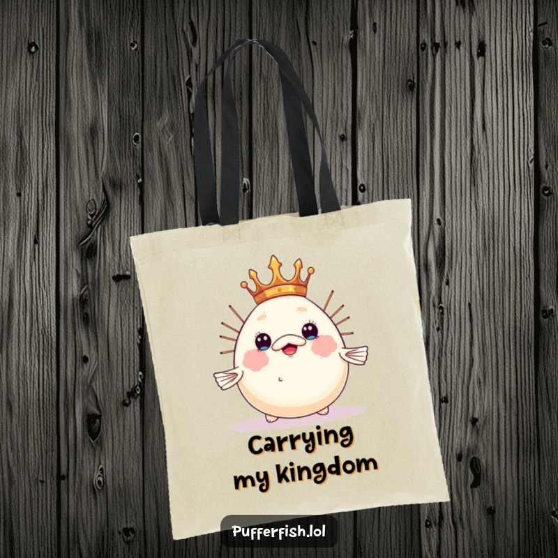 Funny pufferfish tote bag, humorously trying to balance a tiny crown on its inflated head, a royal and charming accessory.