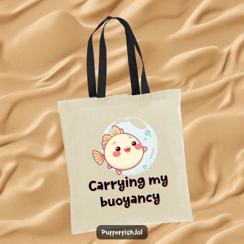 Funny kawaii pufferfish tote bag, playfully bouncing an oversized bubble, perfect for carrying goodies with ocean flair.