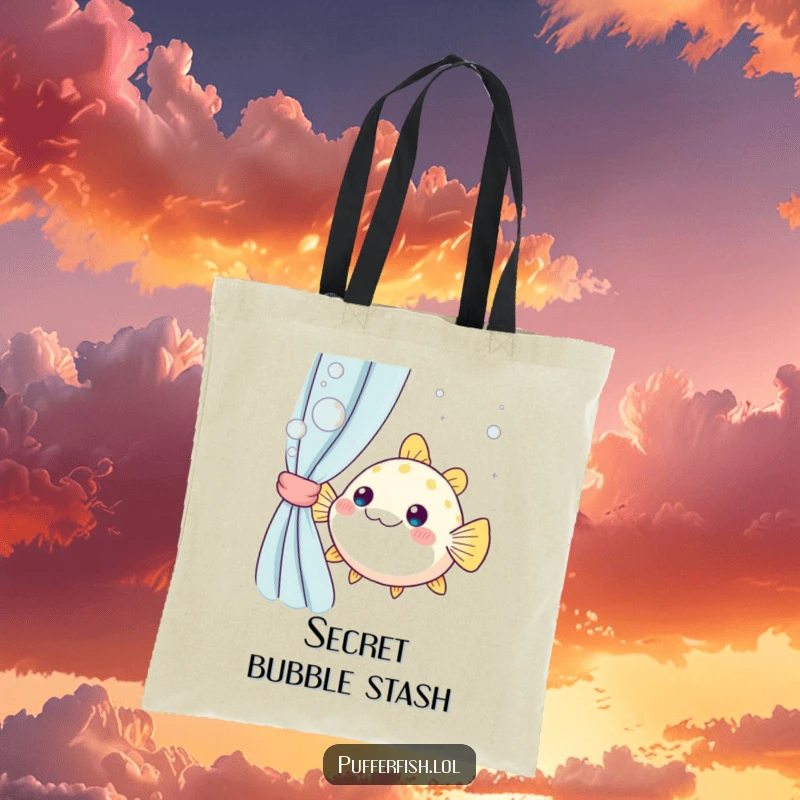 Funny kawaii pufferfish peeking playfully from behind a bubbly curtain, a cute and humorous tote bag for ocean lovers.