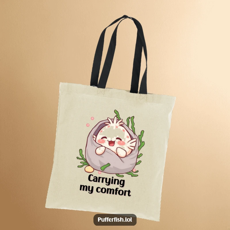 Funny Kawaii pufferfish giggling contentedly, wrapped in a soft seaweed blanket, carrying everyday items in a sturdy tote bag.