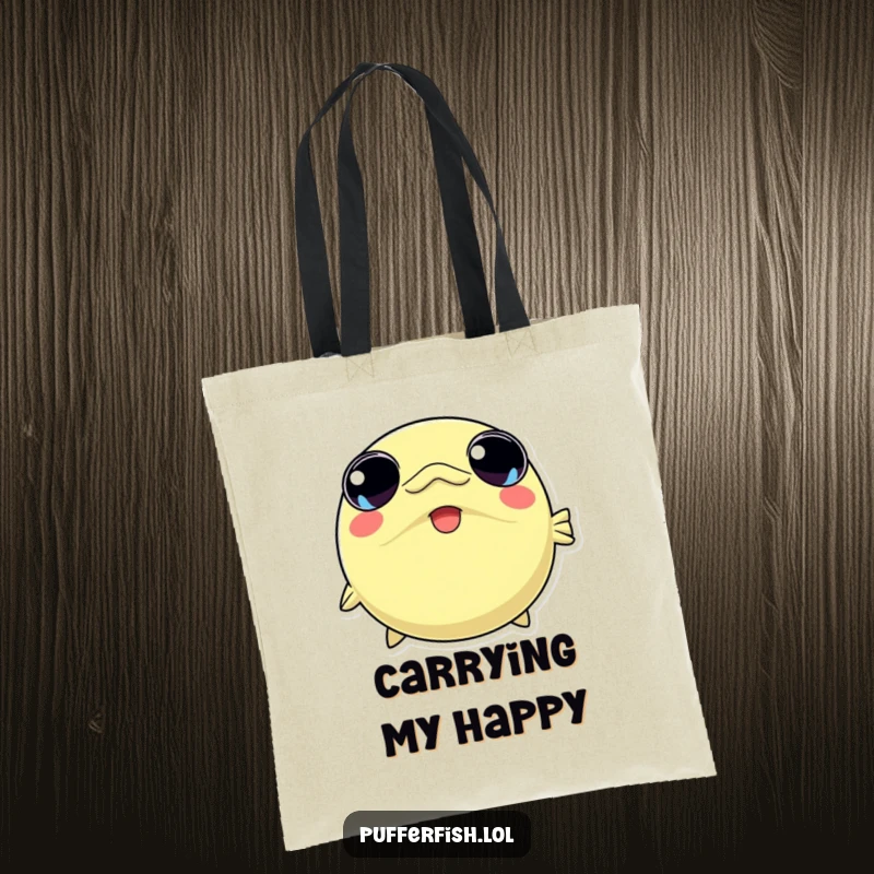 Funny tote bag illustrating a kawaii pufferfish character rapidly inflating with wide, joyful eyes, ready to carry your essentials.