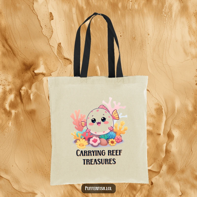 Funny Kawaii pufferfish tote bag, a cute fish excitedly exploring a colorful coral reef, perfect for carrying seaside finds.