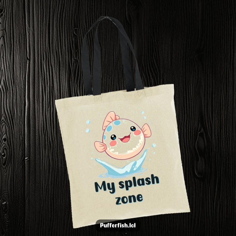 Funny Tote Bag featuring a Kawaii pufferfish joyfully leaping out of a water splash with bubbles, great for errands.