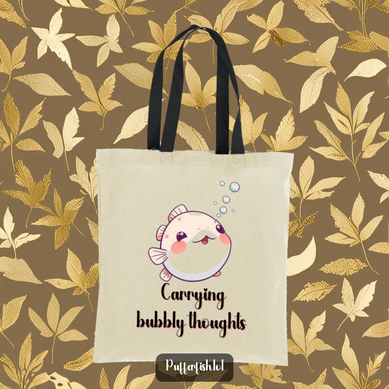 Funny Playful Pufferfish Tote Bag: A humorous tote featuring a pufferfish blowing tiny bubbles upwards, great for carrying joy and essentials.