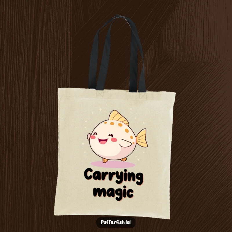 Funny tote bag featuring a happy pufferfish dancing energetically, surrounded by a whimsical explosion of colorful sparkles.
