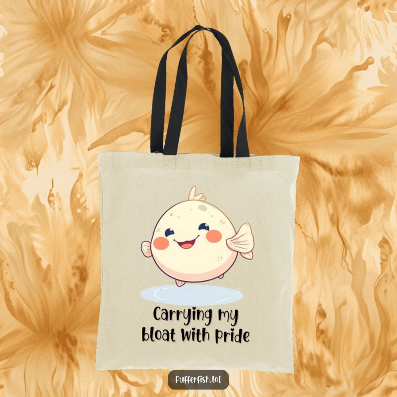 Funny pufferfish tote bag showcasing a joyfully grinning pufferfish bobbing in shimmering water, a practical and amusing accessory.