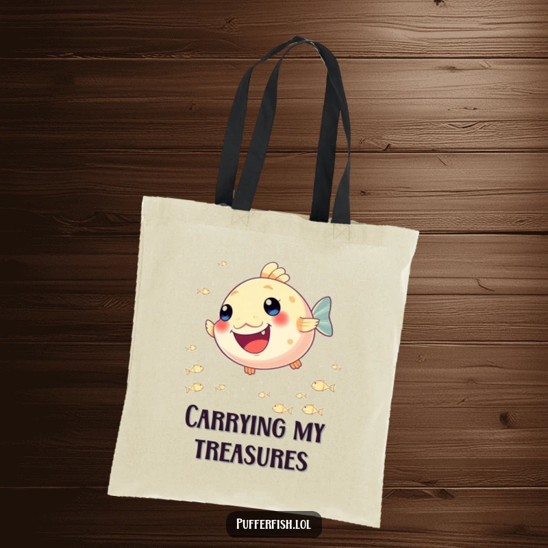 Funny Pufferfish Joy Tote Bag: A sturdy tote bag featuring a happy pufferfish gleefully chasing a stream of tiny, shimmering fish.