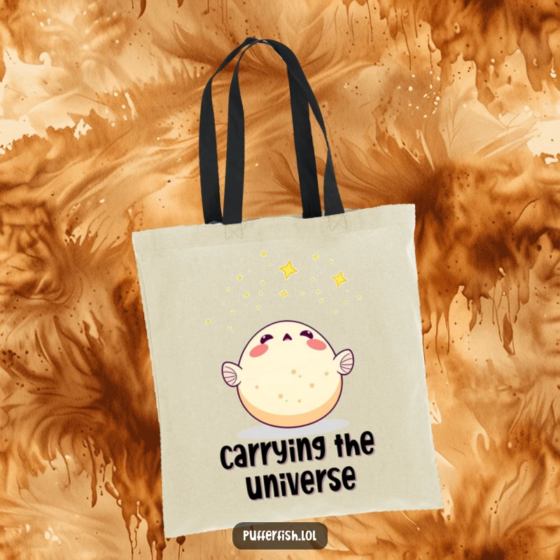 Funny Pufferfish Tote Bag: A surprised pufferfish observes a breathtaking meteor shower of tiny stars, a humorous celestial moment.