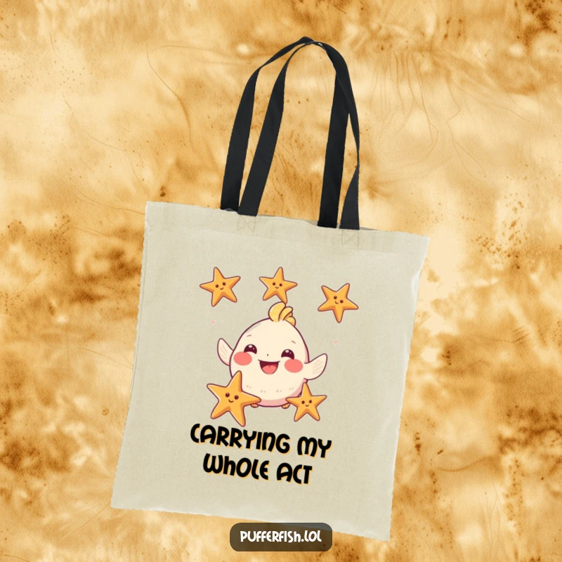 Funny Puffy Fish Tote Bag: A wide-grinning puffy fish skillfully juggles three starfish, making this bag a humorous accessory.