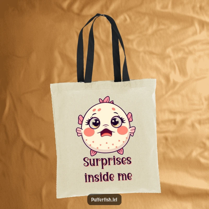 Funny Kawaii pufferfish with wide, surprised eyes, printed on a stylish and spacious tote bag.