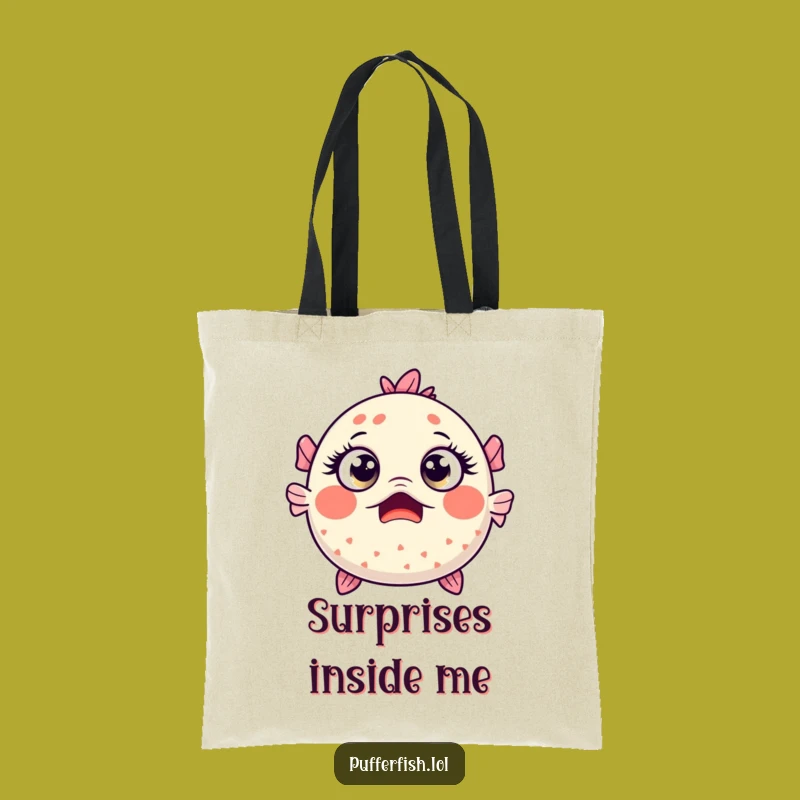 Funny Surprised Pufferfish Tote Bag - Wide-Eyed Kawaii Cartoon - Practical Gift