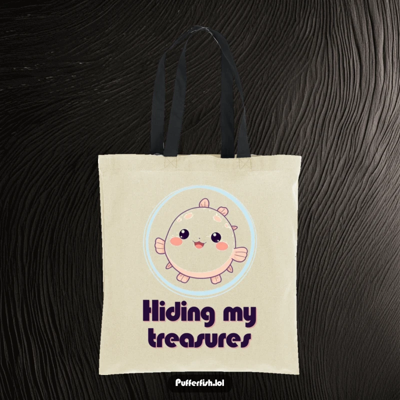 Funny Pufferfish Bubble Tote Bag: A cute pufferfish peeks from behind a large bubble, adding a whimsical and humorous touch.