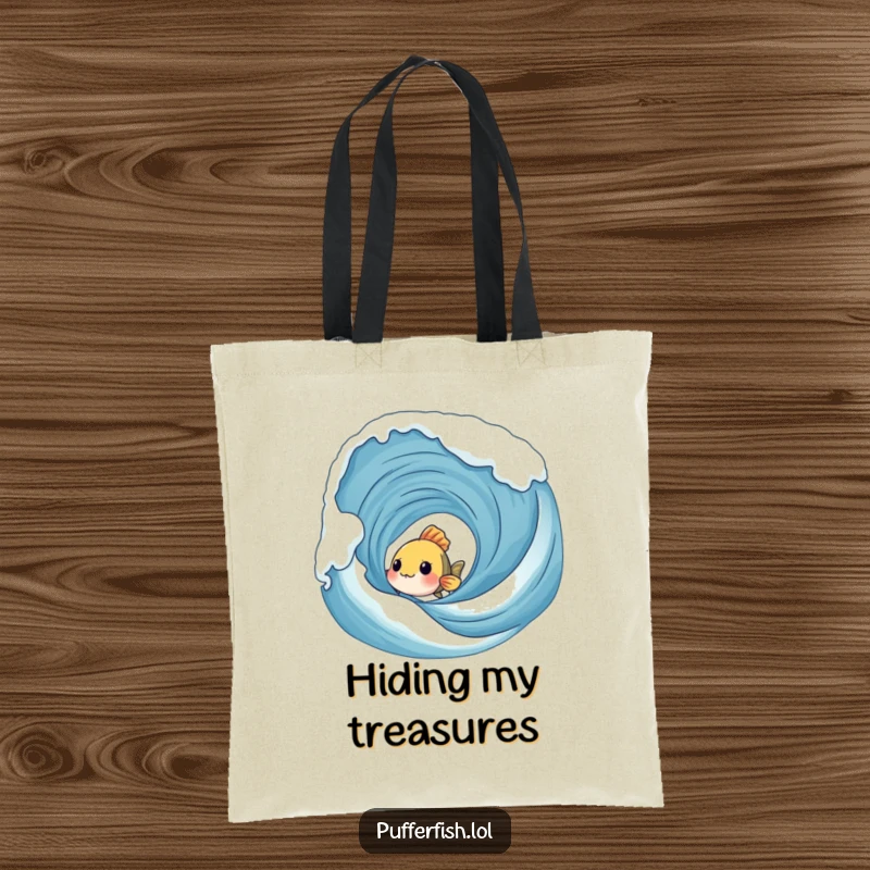 Funny Shy Fish Tote Bag: A shy fish peeks from behind a bubbly wave, making this a humorous and functional accessory.