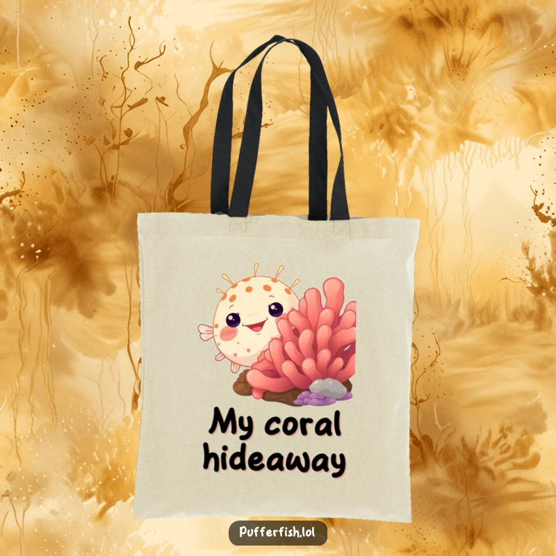 Funny pufferfish tote bag, humorously peeking from behind a large, colorful coral, a playful and practical accessory.
