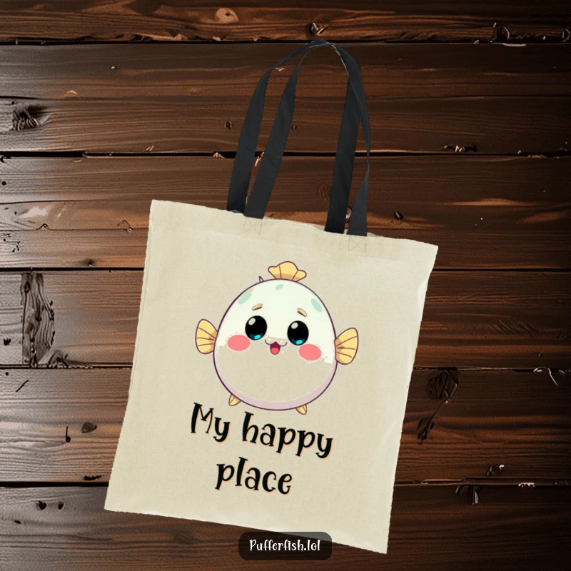 Funny kawaii pufferfish tote bag, inflating with a happy surprised face, perfect for carrying goodies with ocean flair.