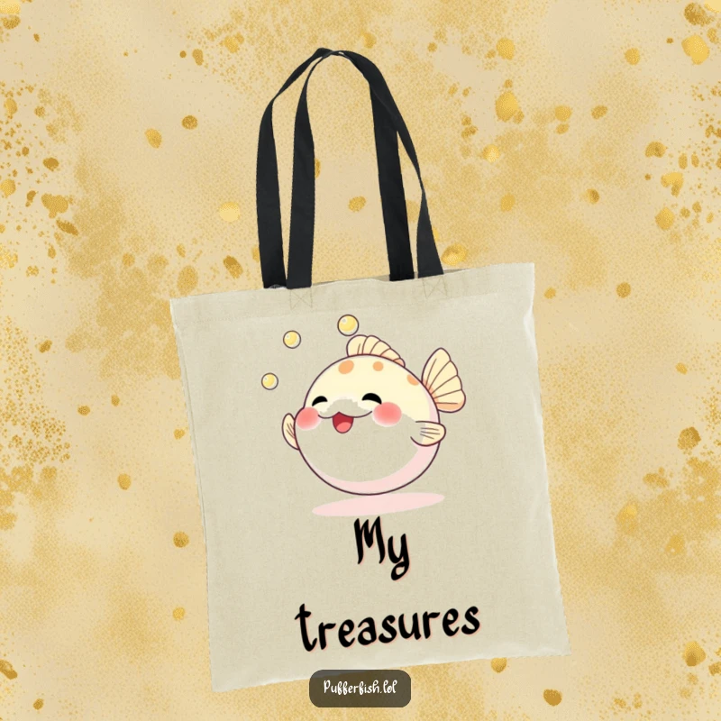 Funny tote bag showcasing a delighted pufferfish masterfully juggling three gleaming pearls, blending fashion and humor.