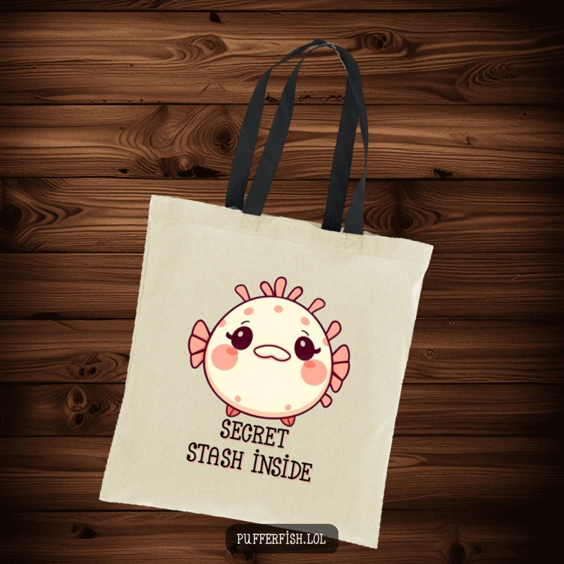 Funny Kawaii pufferfish tote bag, a cute fish looking surprised with wide eyes and a tiny, mischievous grin, ready for adventures.