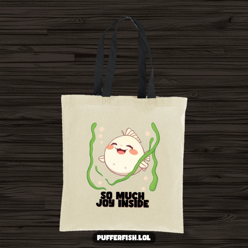 Funny tote bag depicting a pufferfish character laughing uncontrollably while being tickled by seaweed, a humorous and practical accessory.